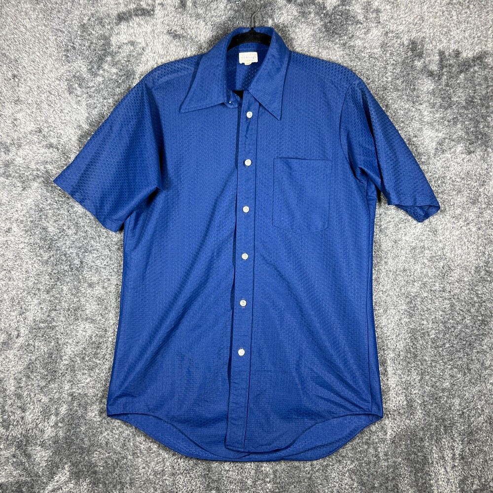 Vintage ENRO Shirt Mens L Blue Geometric Knit Short Sleeve Button Up Casual